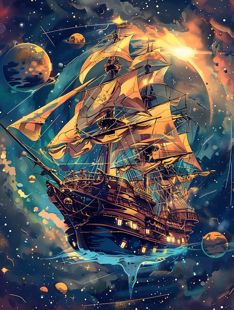 Fantasy Ship Floating in the Galaxy 17
