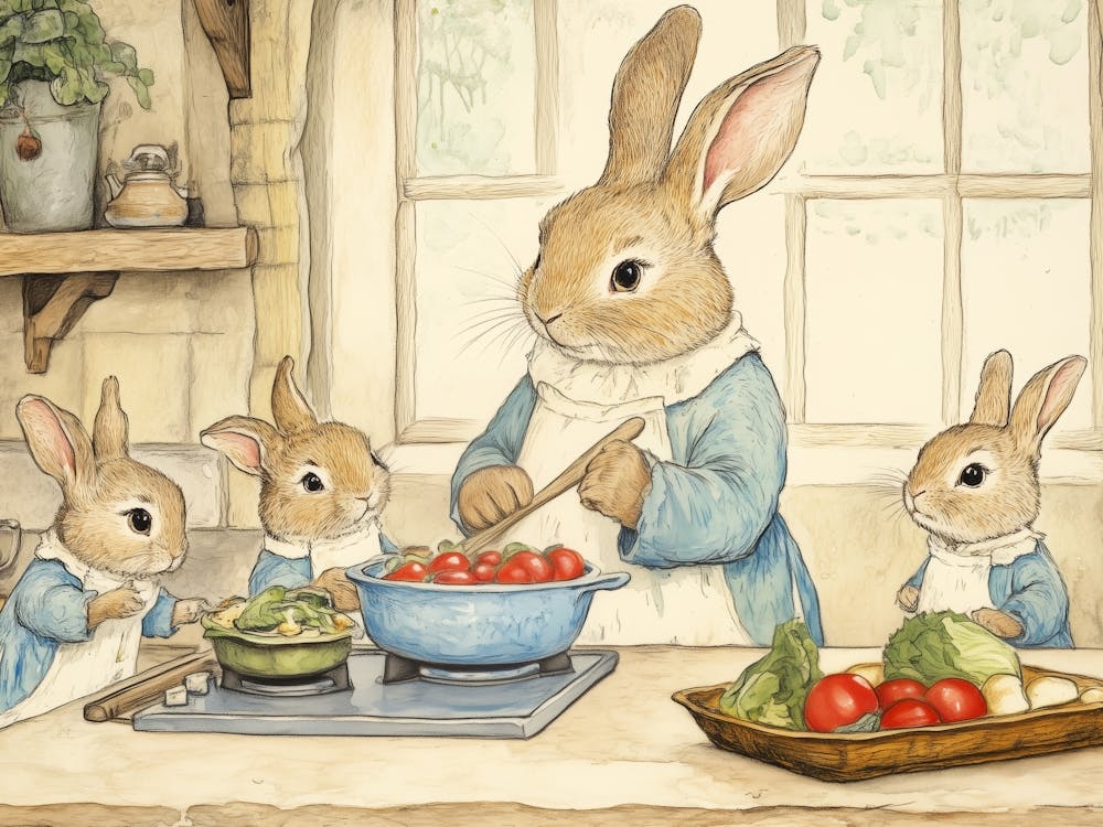 Rabbits Cooking in Cozy Kitchen