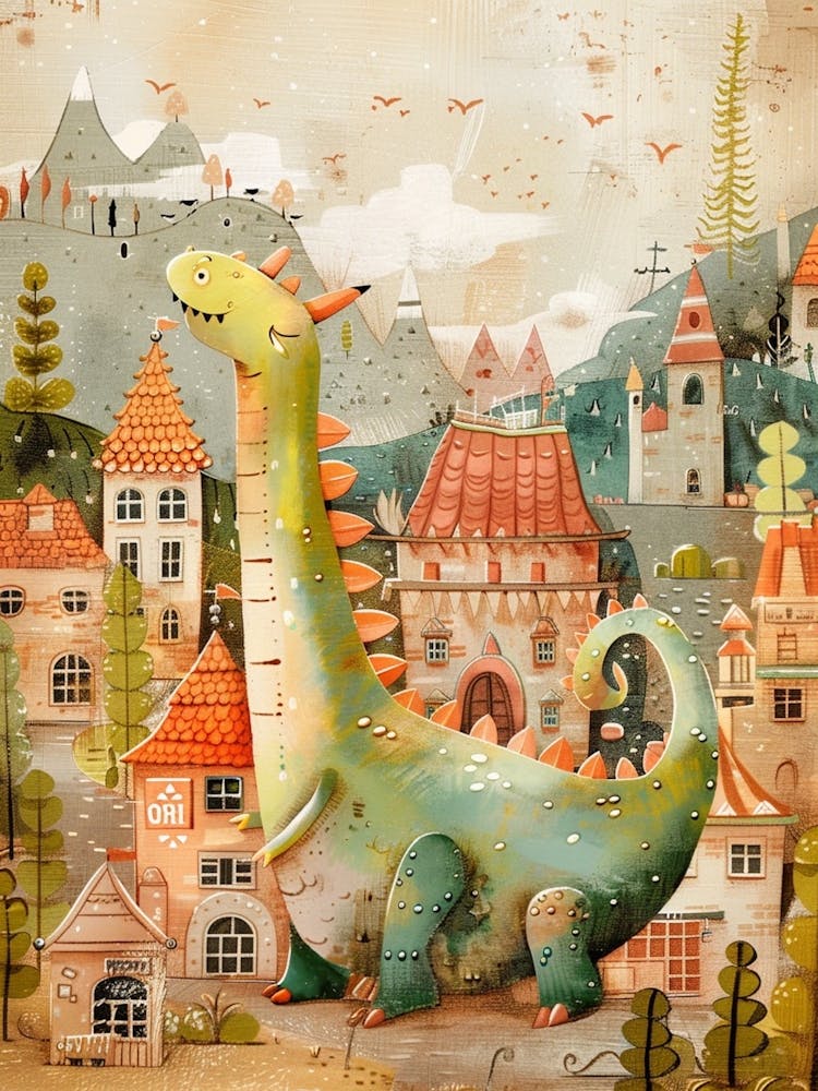 Dinosaur In A Village Storybook Style 1