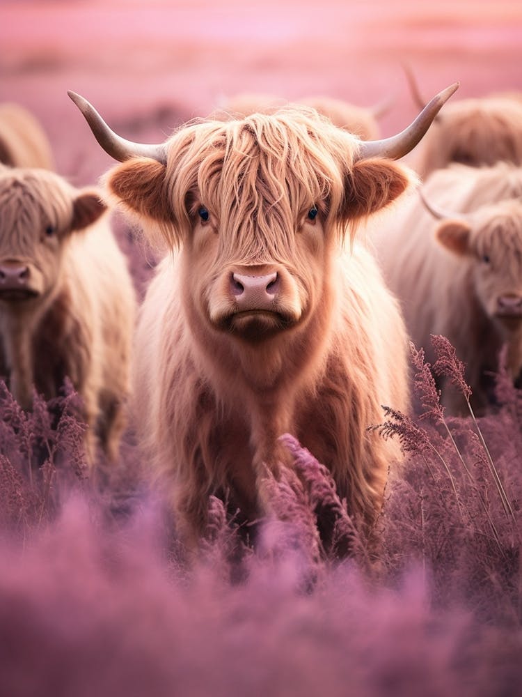 Luscious Pink Grass With Highland Cows