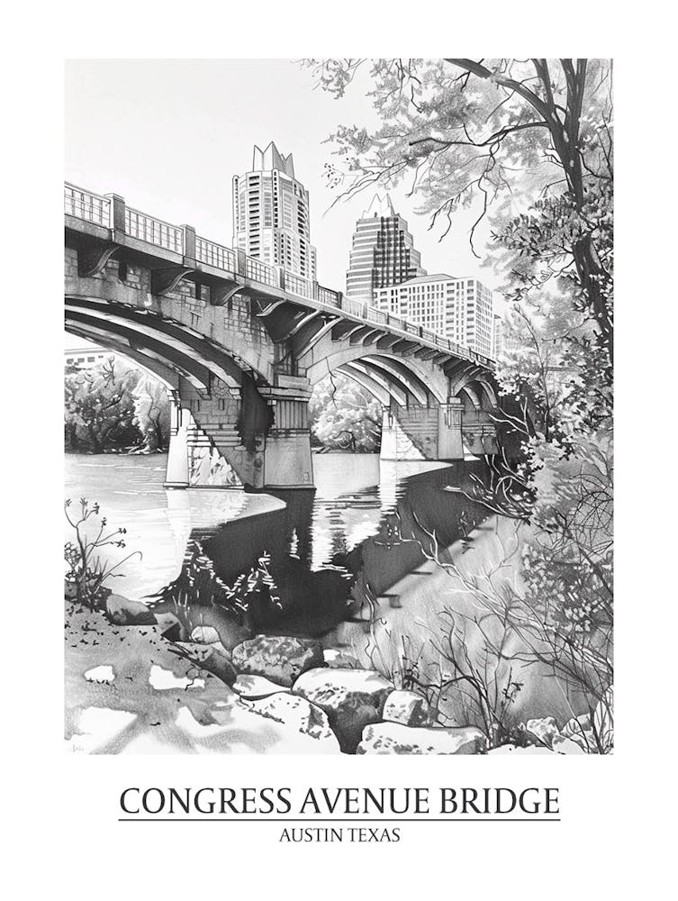 Congress Avenue Bridge Austin Texas Dessin Noir et Blanc 2 Affiche