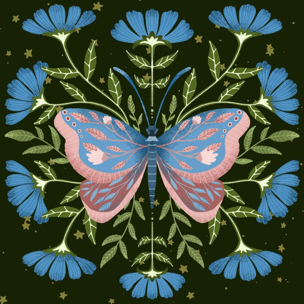 Whimsical pink and blue butterfly