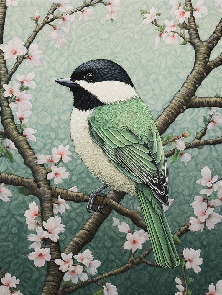 Ohara Koson Inspired Bird Painting Carolina Chickadee 1