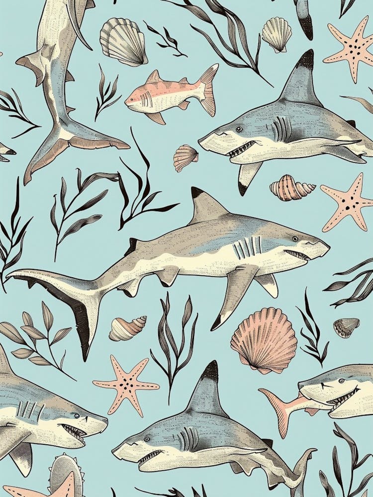 Pastel Blue Shark Watercolour Seascape Pattern 2