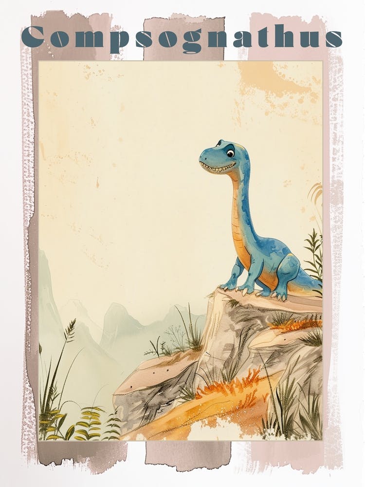 Cute Cartoon Compsognathus Watercolour 2 Poster