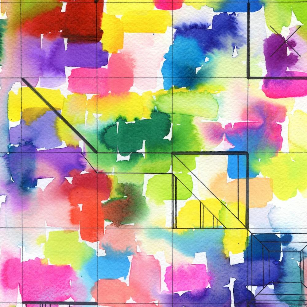 Abstract Watercolor Painting with Black lines