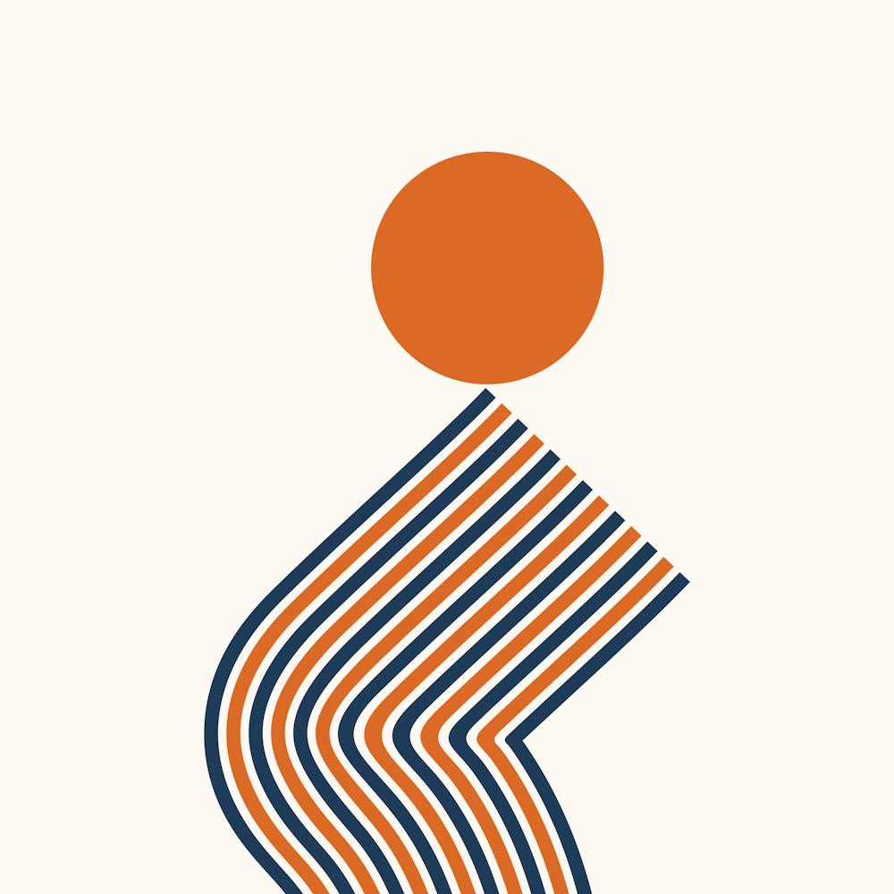 Geometric Lines Sun Rainbow Balance Playful Abstract in Navy Blue Burnt Orange scheme 1