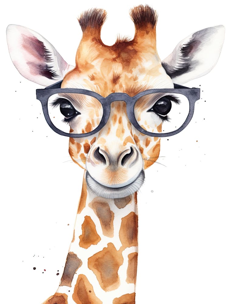 Smart Baby Giraffe Wearing Glasses Watercolour Illustration 3