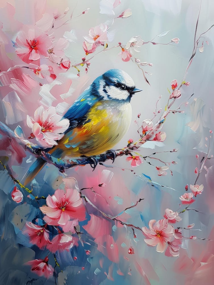 Bird On Blossoming Cherry Tree