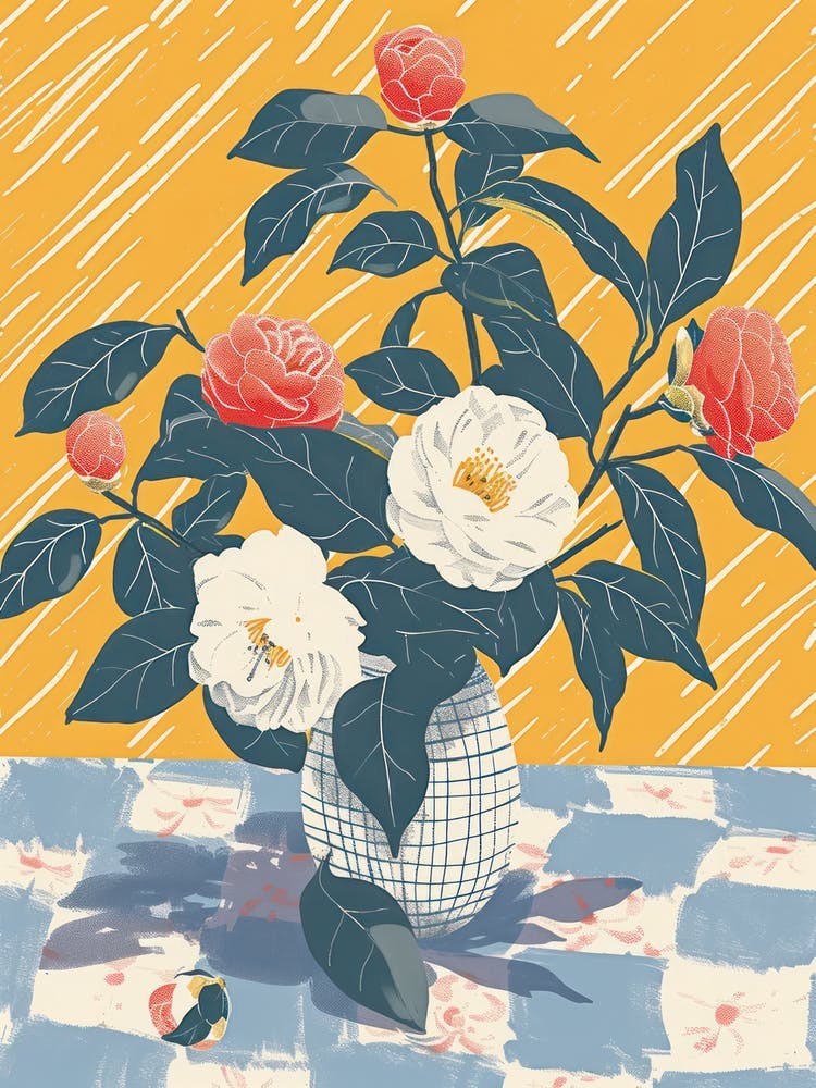 Camelia Flowers On A Table   Contemporary Illustration 1