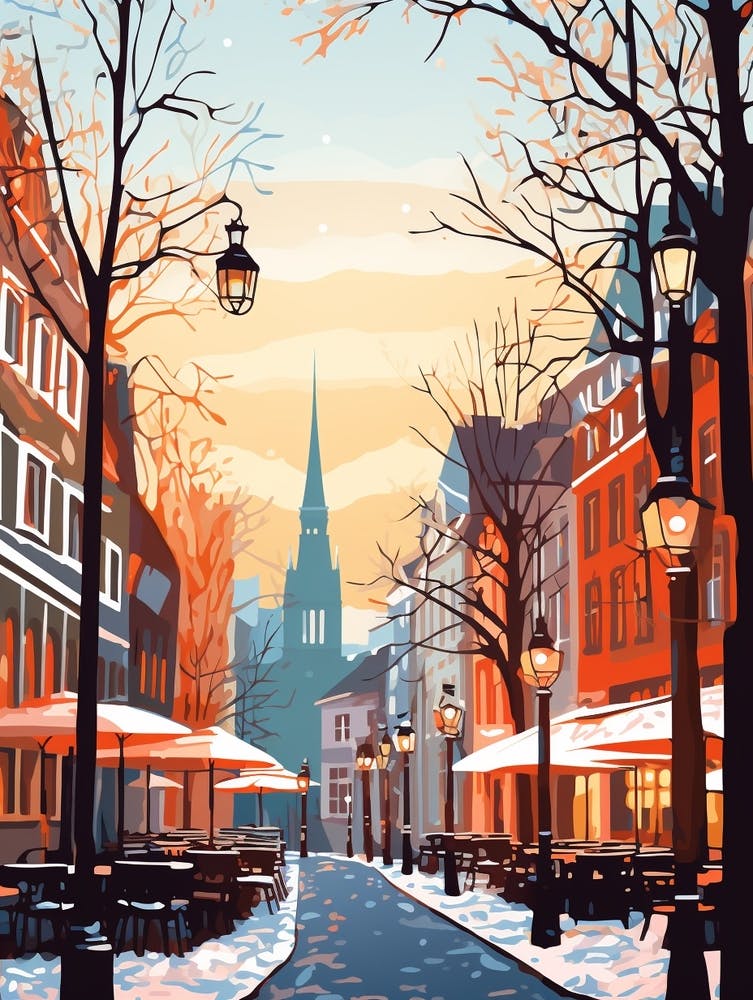 Vintage Winter Travel Illustration Copenhagen Denmark 3