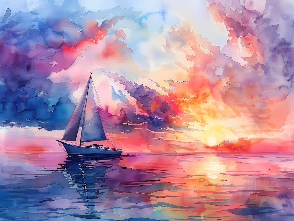 Watercolor Sailboat At Sunset 9