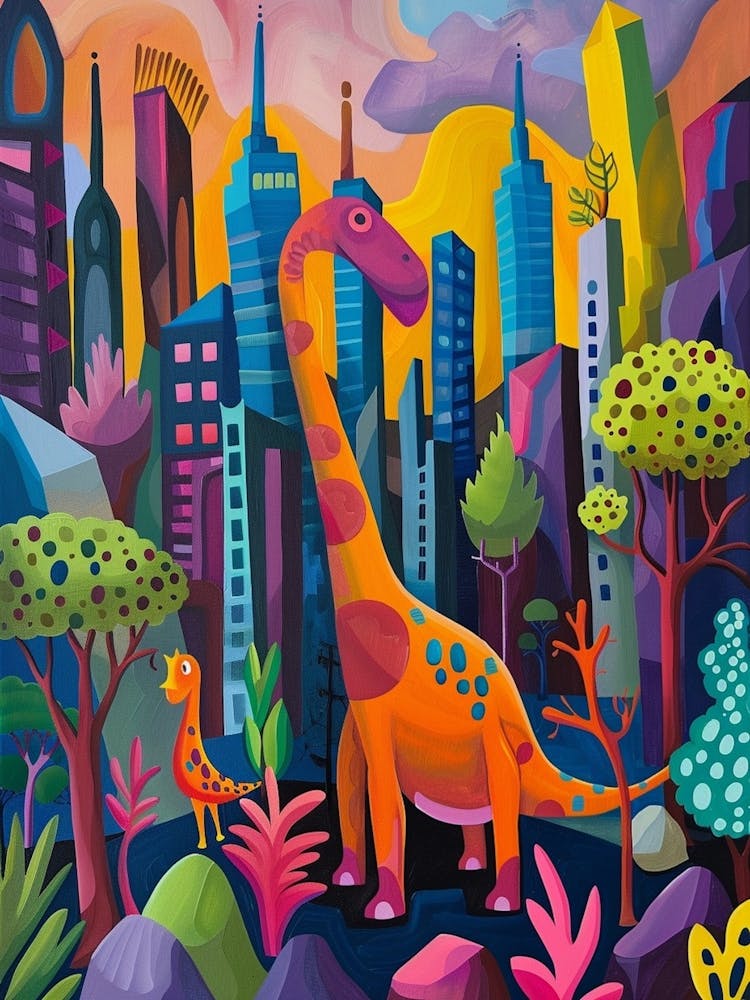Colourful Dinosaur Cityscape Painting 2