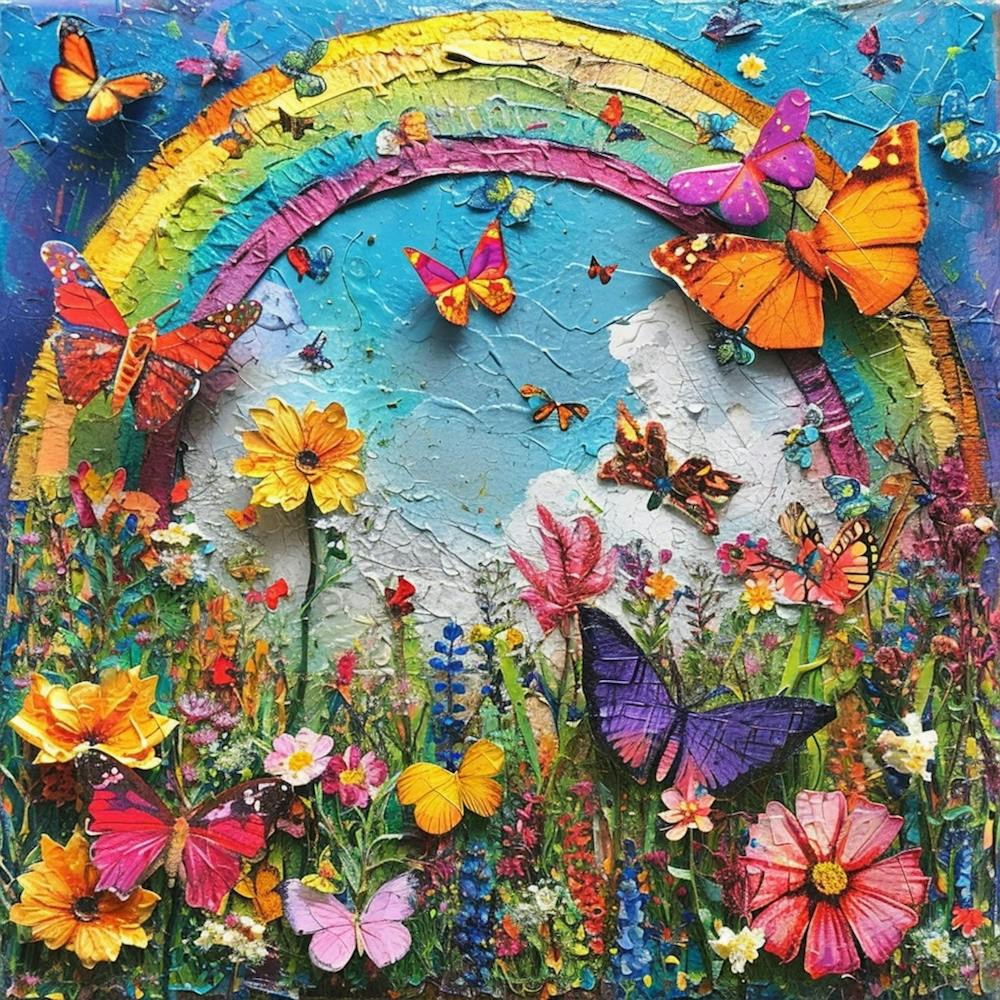 Kitsch Butterfly Collage With A Rainbow