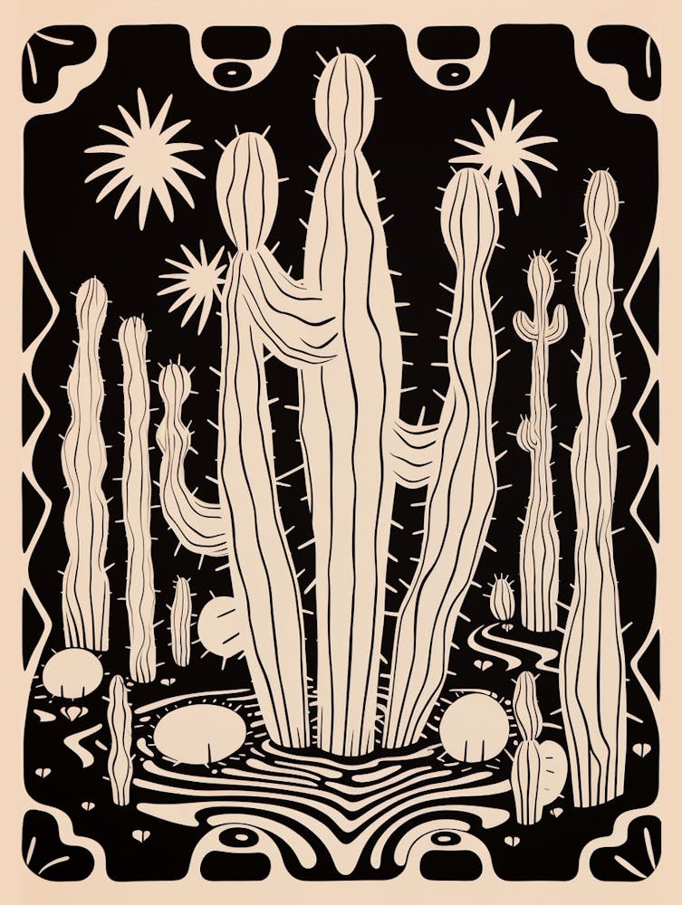 B&W Cactus Illustration Fishhook Cactus 1