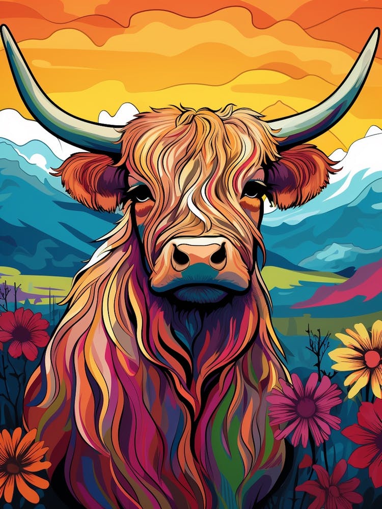 Floral Illustration Of Highland Cow 2
