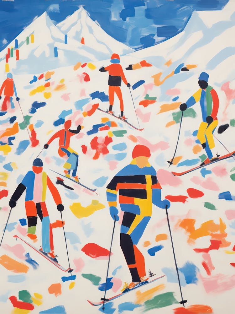 Skieurs Style Matisse Peinture Neige Hiver Colorée