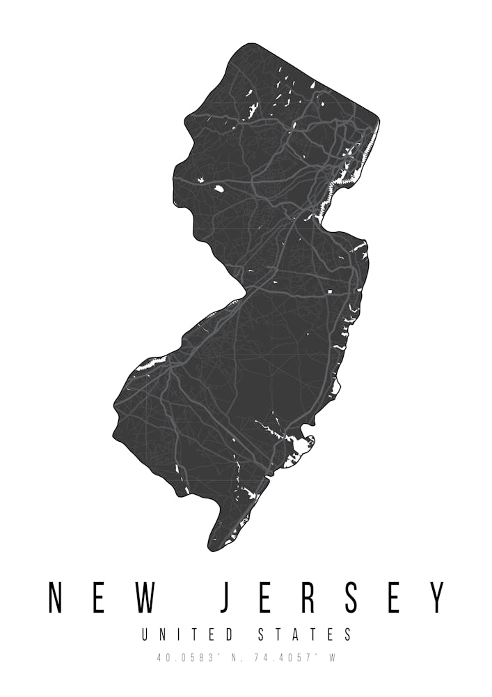 New Jersey Mono Black And White Modern Minimal Street Map