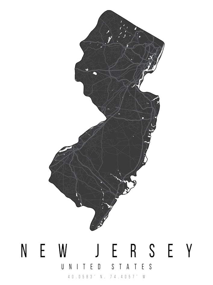 New Jersey Mono Black And White Modern Minimal Street Map