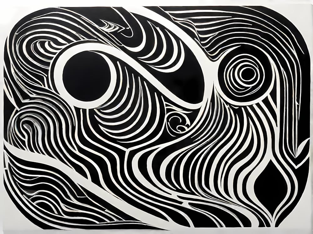 A Linocut Piece Depicting A Mysterious Abstract Shapes, black and white art, 191
