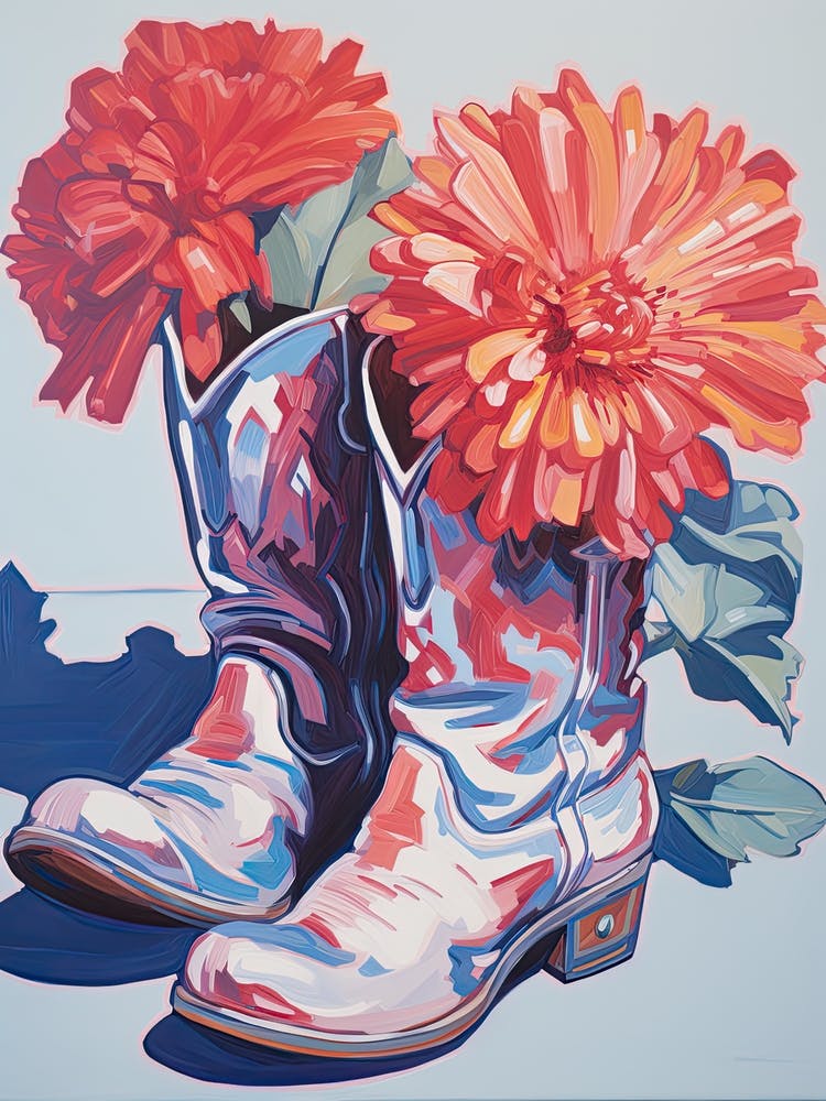 A Painting Of Cowboy Boots With Red Flowers, Fauvist Style, Still Life 4