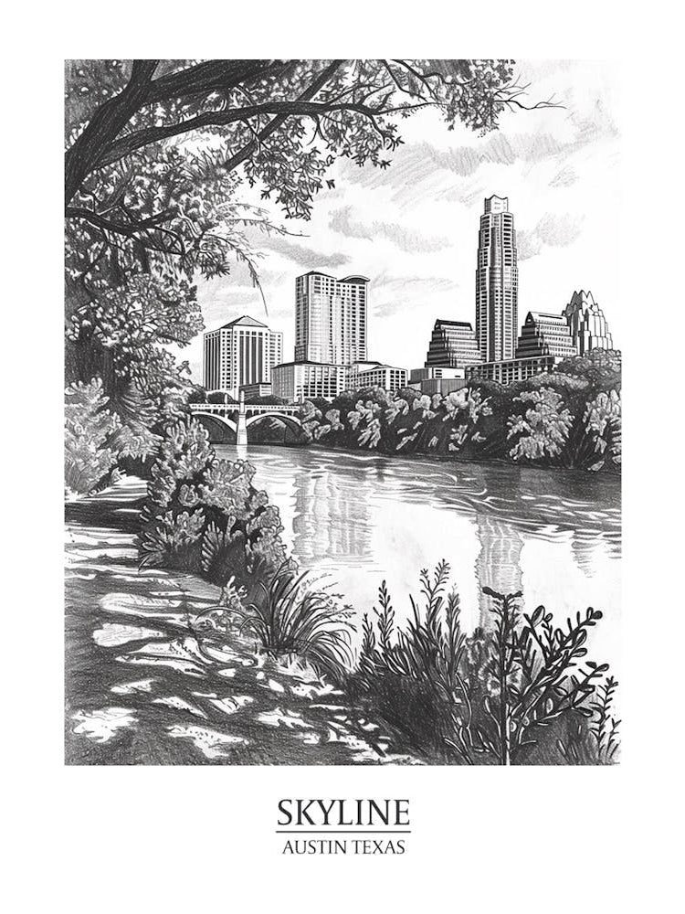 Skyline Austin Texas Black And White Drawing 1 Poster