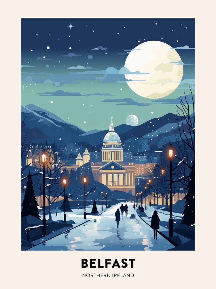 Winter Night  Travel Poster Belfast Northern Ireland 1