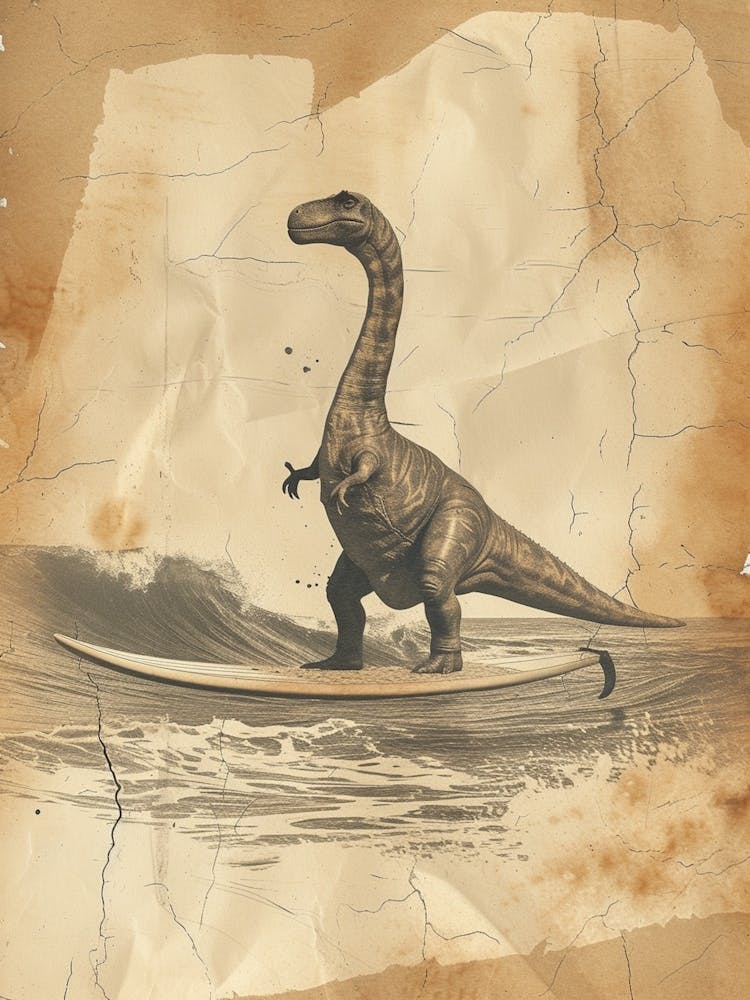 Vintage Brontosaurus Dinosaur On A Surf Board    2