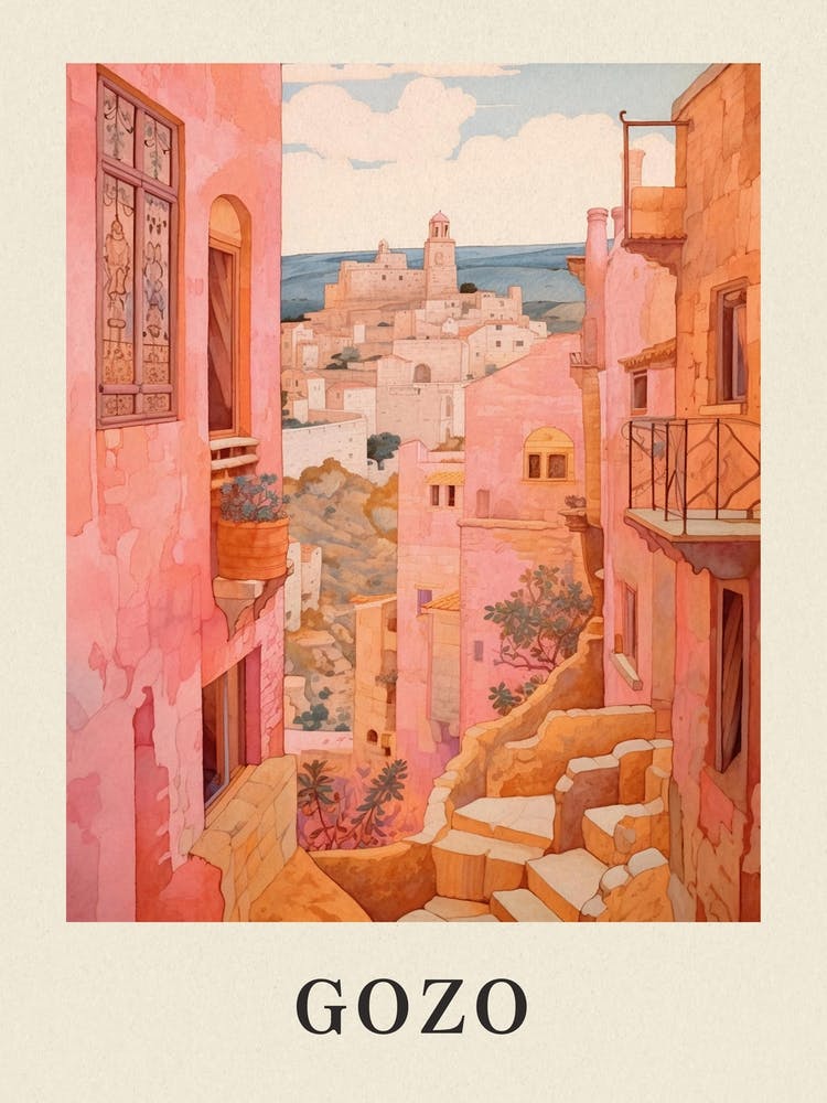 Gozo Malta 1 Vintage Pink Travel Illustration Poster