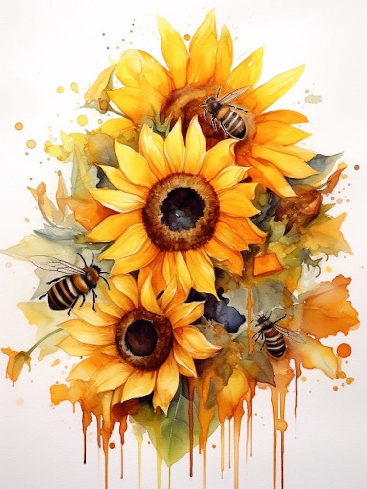 Beehive With Sunflower Watercolour Illustration 4