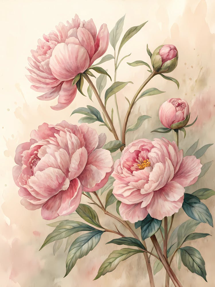 Oil Painting Style Watercolor Peonies In Soft Pink