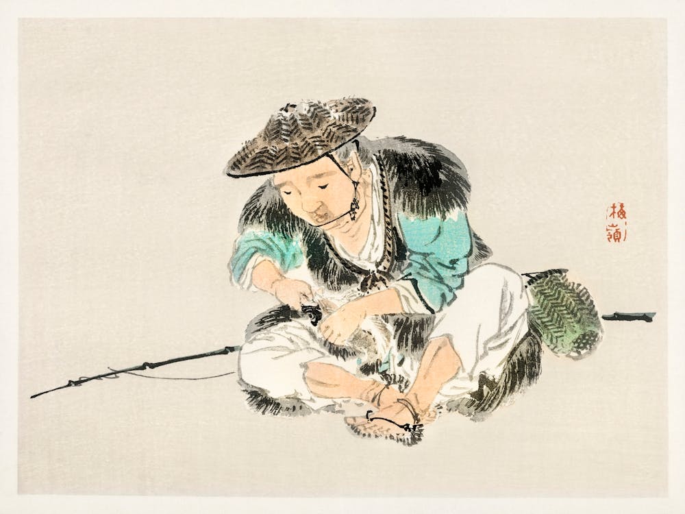 Man Maintaining A Fishing Rod, Kōno Bairei