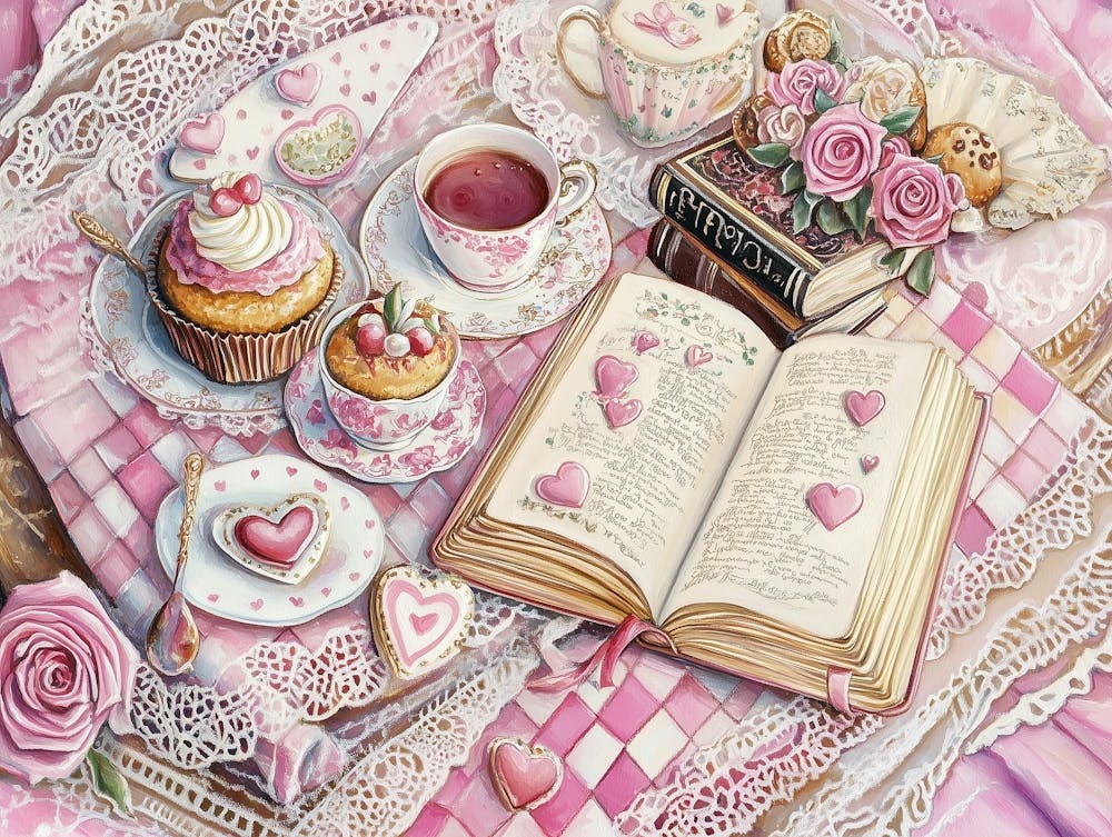 A Tea Party Scene With Teacups Cakes And Cupcakes