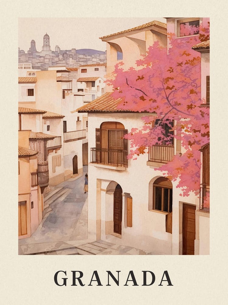 Granada Spain 3 Vintage Pink Travel Illustration Poster