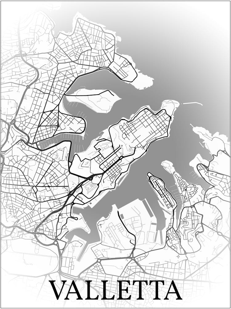 Valletta, Malta, City Map, Black And White Fade Design