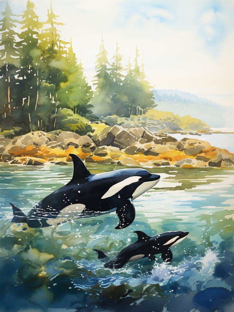 Orca Whale Watercolour And Orca Calf