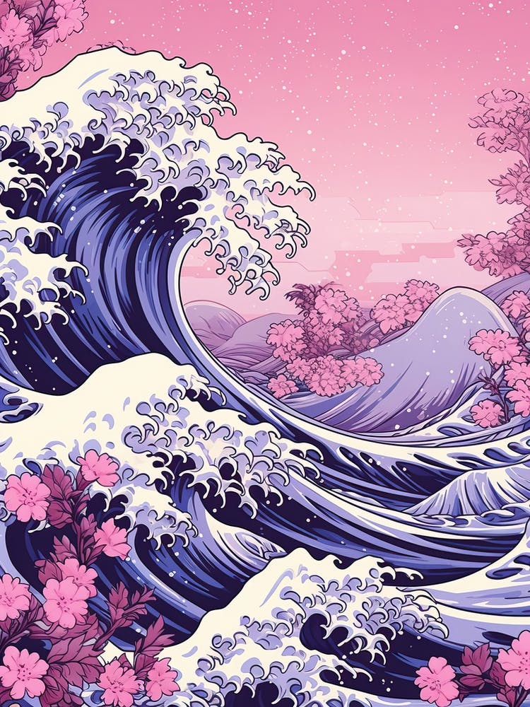 Great Wave With Lavender Flower Drawing In The Style Of Ukiyo E 3
