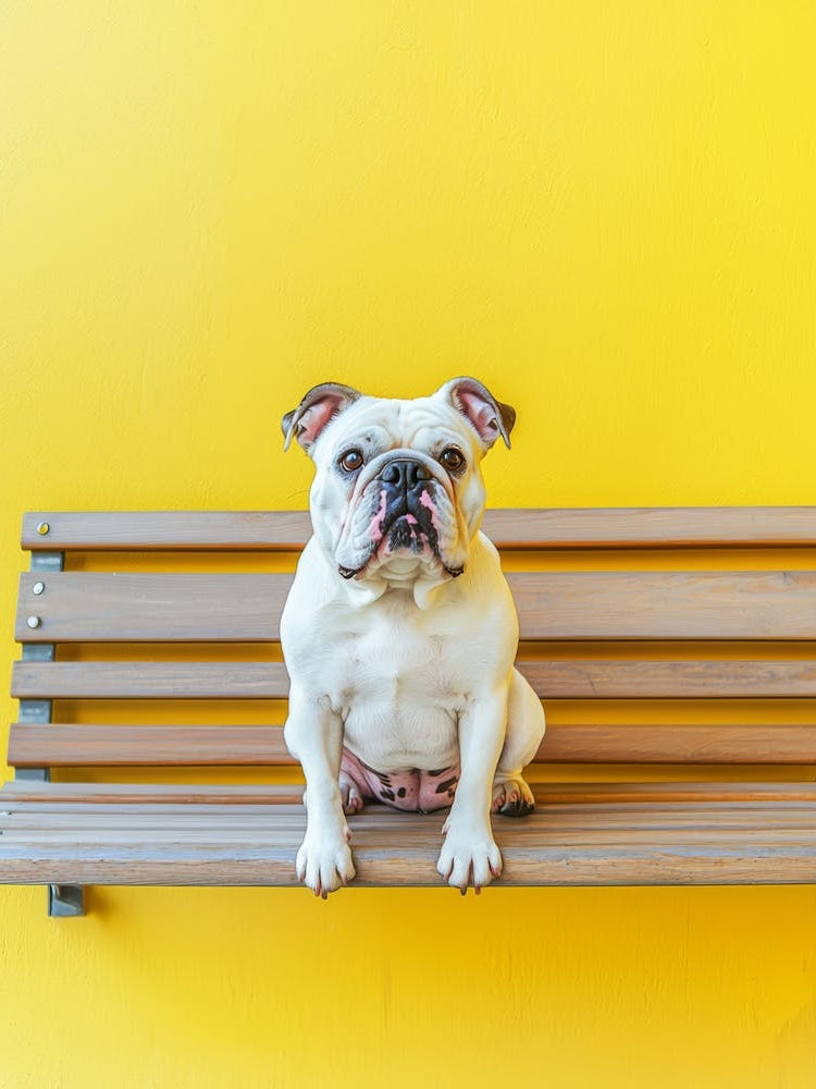 Bulldog Sitting On A Bench.Generated AI. Wall 1
