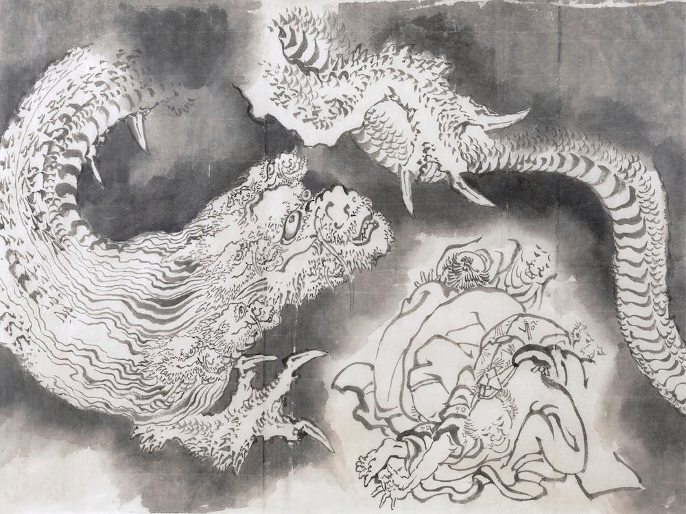 Dragon (19th Century) Vintage Drawing, Katsushika Hokusai