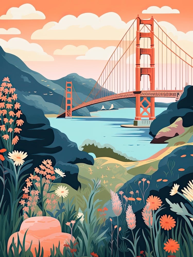 The Golden Gate Bridge   San Francisco, Usa   Cute Botanical Illustration Travel 1