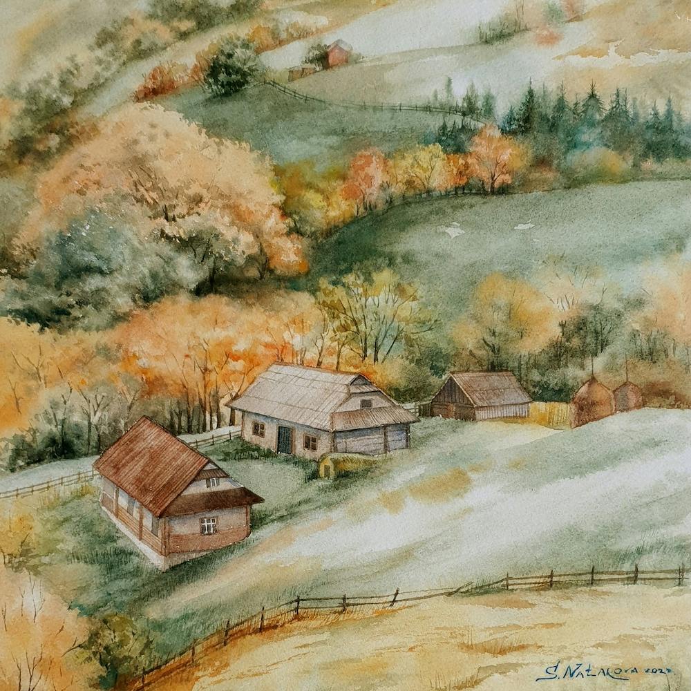 Aquarell-Landschaft Kiss Of Autumn Quadratisch