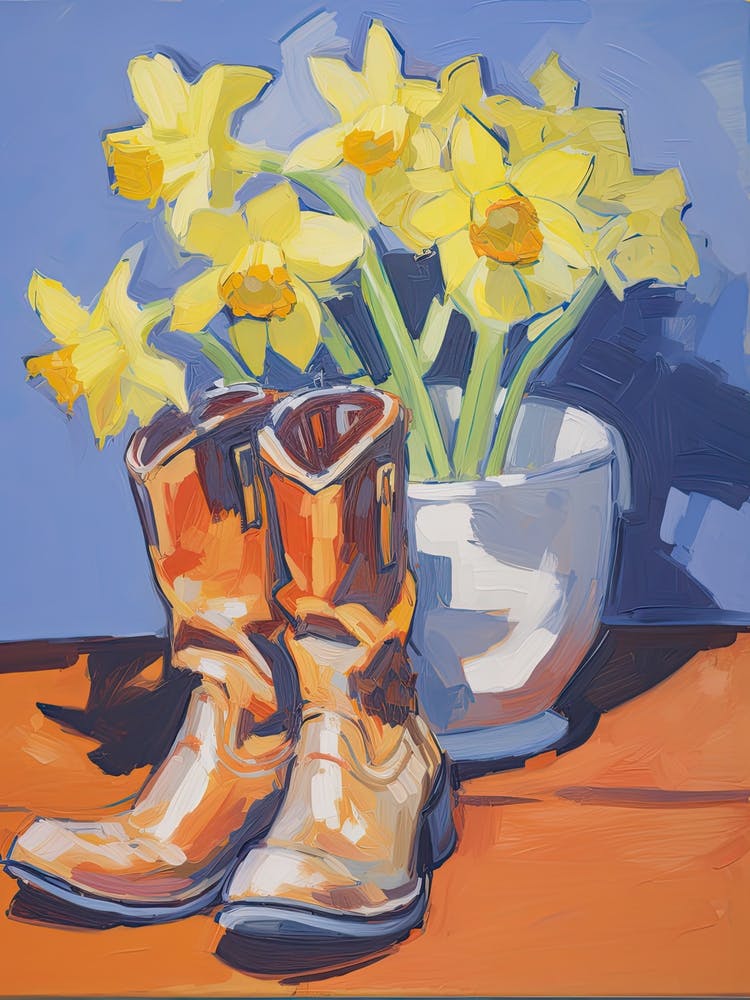 A Painting Of Cowboy Boots With Daffodils Flowers, Fauvist Style, Still Life 1