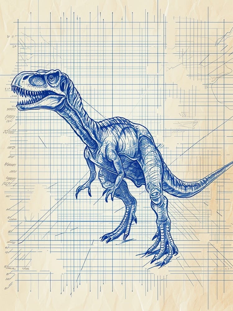 Deinonychus Dinosaur Blue Print Sketch 1
