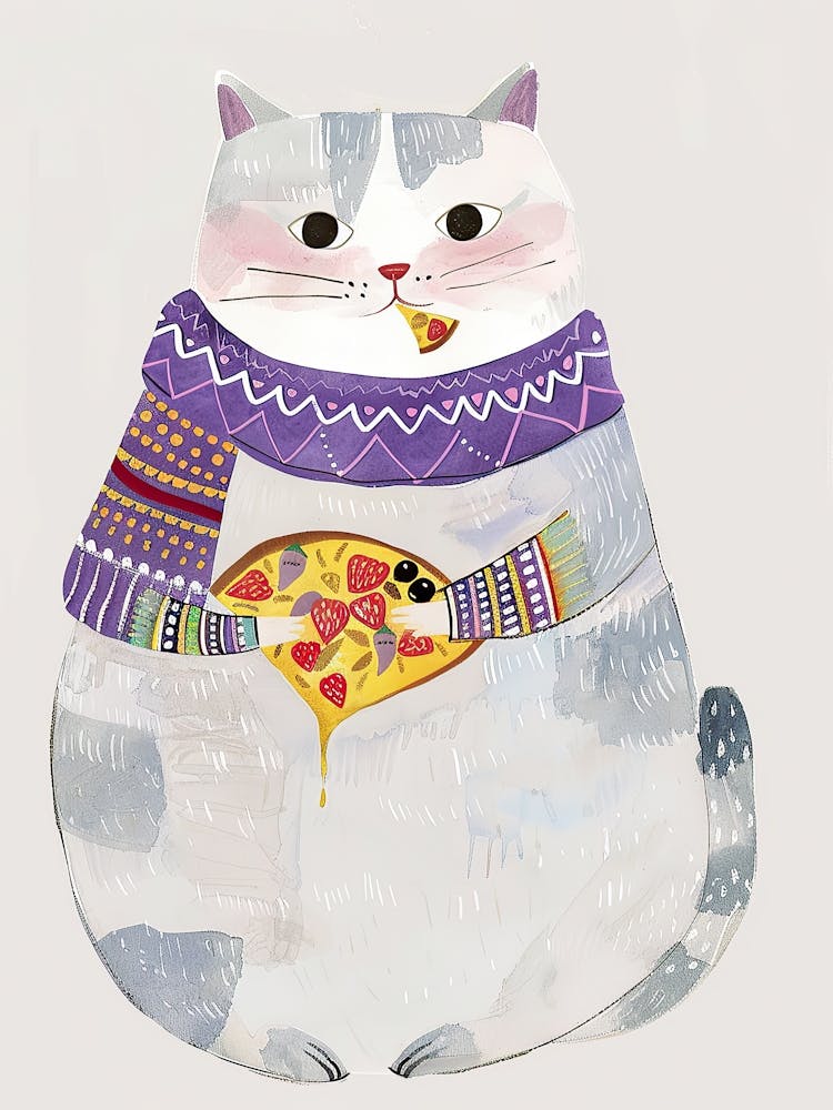 Happy Grey And White Cat Pizza Lover Folk Illustration 3