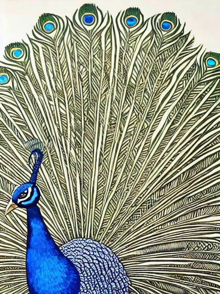 Peacock Linocut Bird