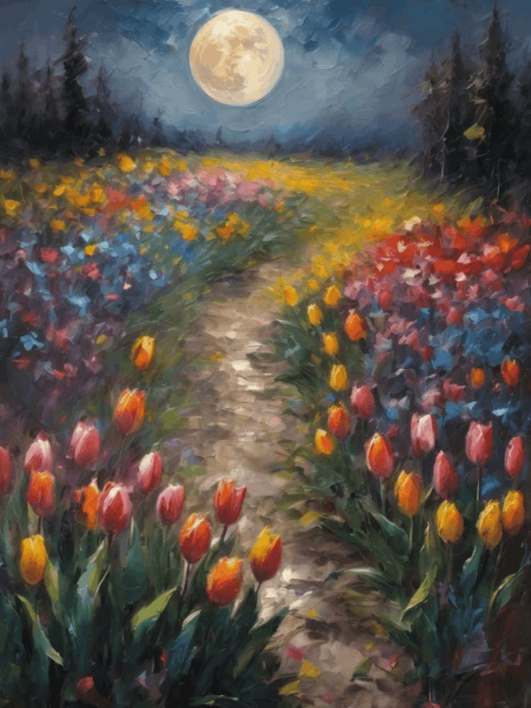 Full Moon Over The Tulip Fields - Dark Gloomy Yet Colorful Beautiful Enchanting Feature Art Wall Decor - Flowers