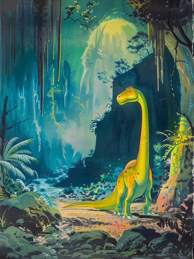 Cute Dinosaur In A Cave At Night Vintage Storybook Style