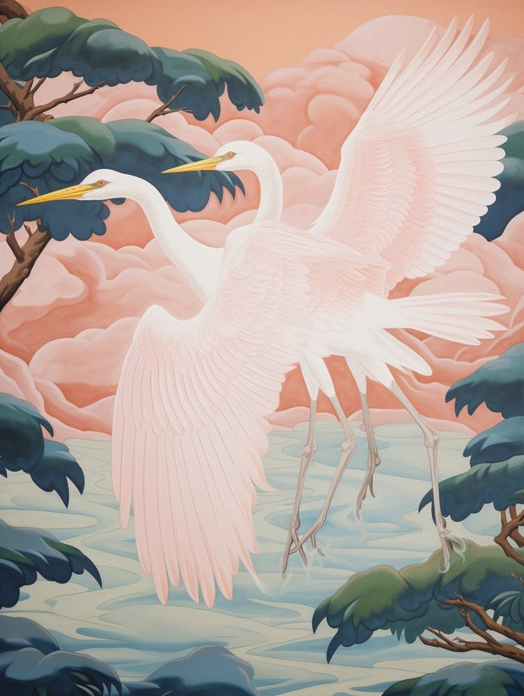 Vintage Japanese Inspired Bird Print Egret 1