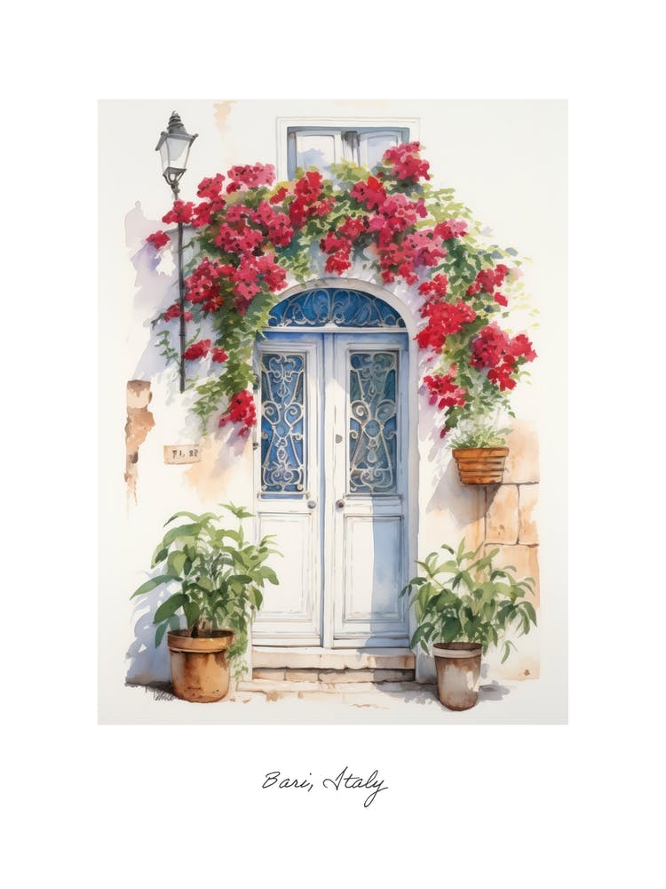 Bari, Italy   Mediterranean Doors Watercolour Painting 1 Poster