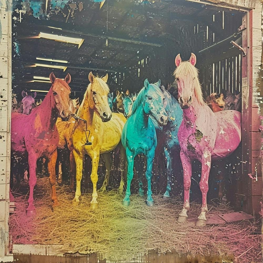 Rainbow Retro Horses In The Barn Abstract Collage